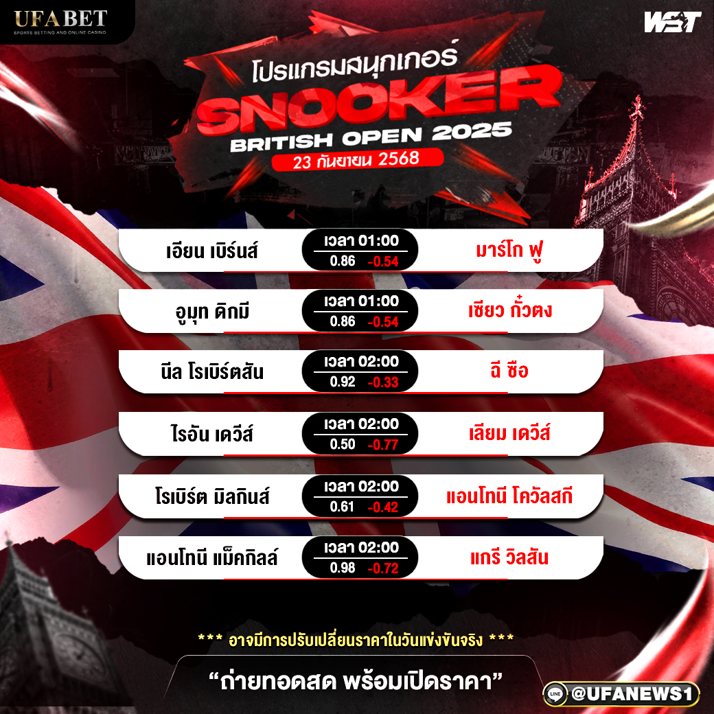โปรแกรมสนุกเกอร์ วันที่ 23 กันยายน พ.ศ. 2568