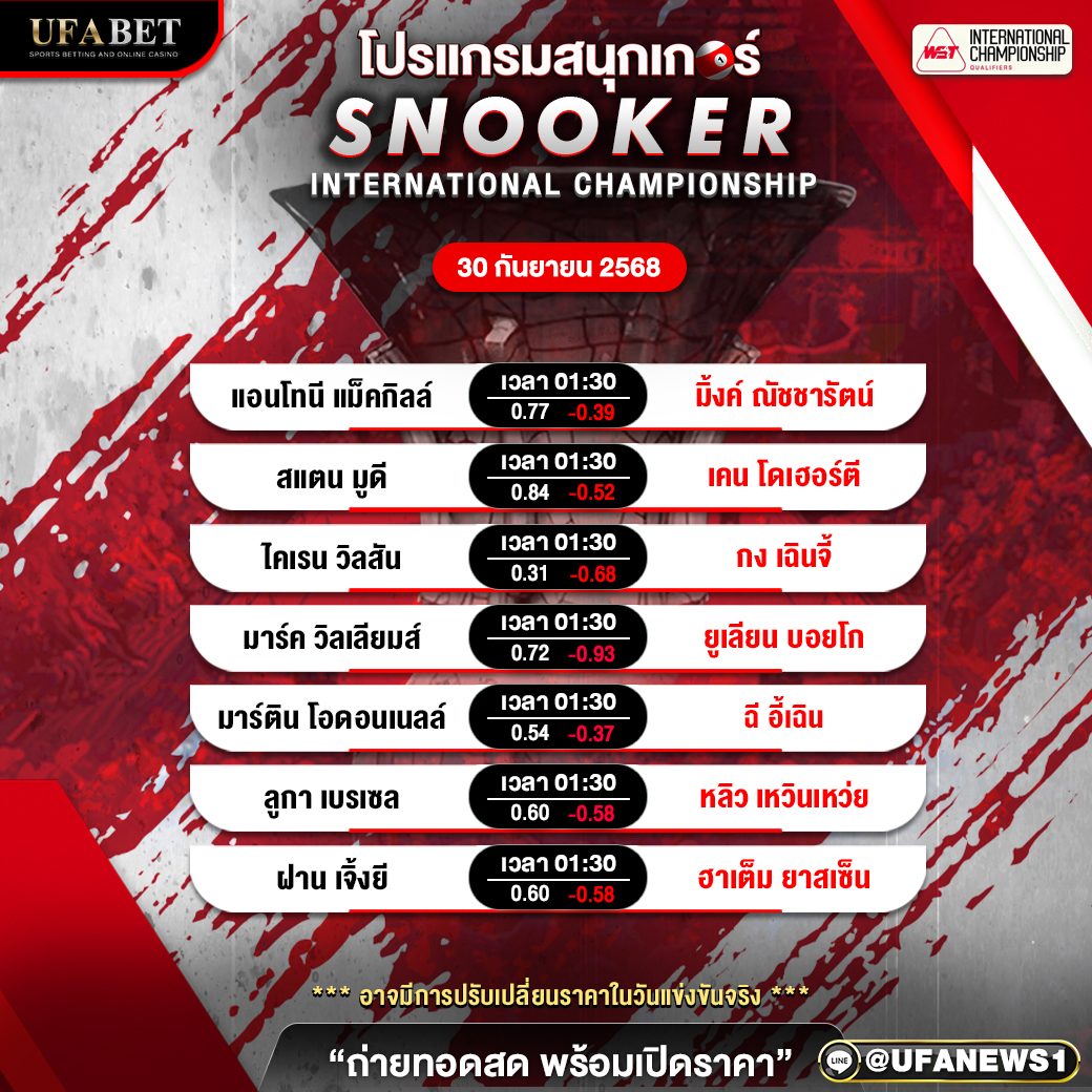 โปรแกรมสนุกเกอร์ วันที่ 30 กันยายน พ.ศ.2568