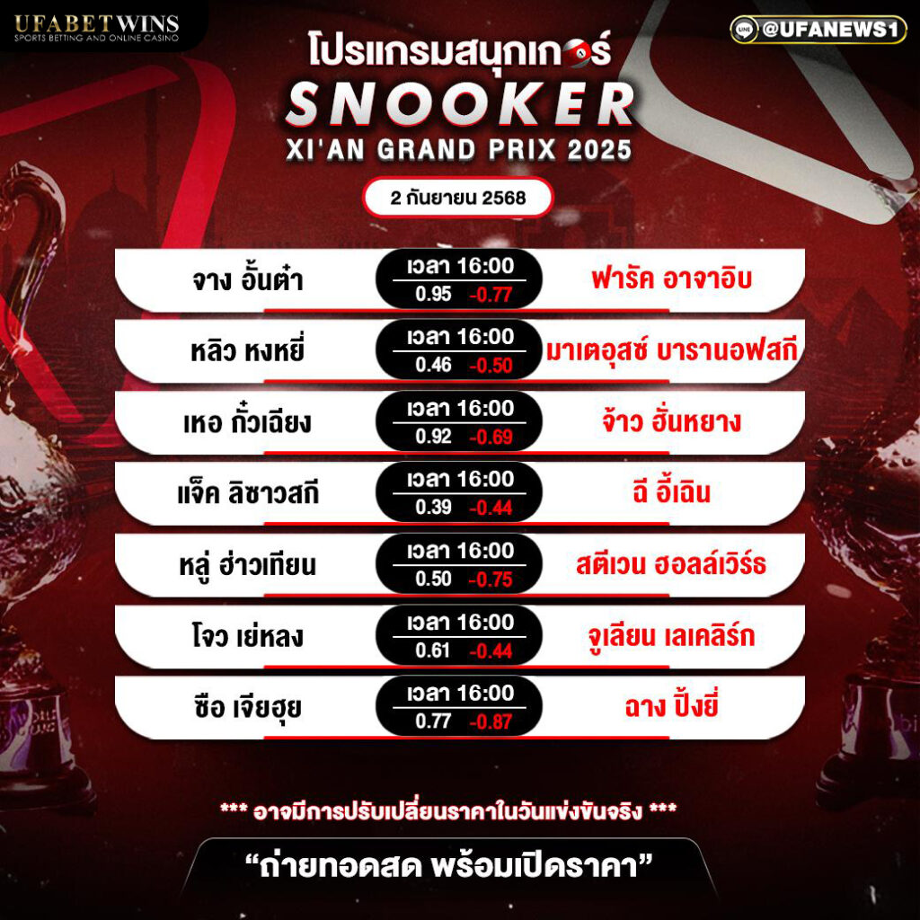โปรแกรมสนุกเกอร์ 2 กันยายน 2568