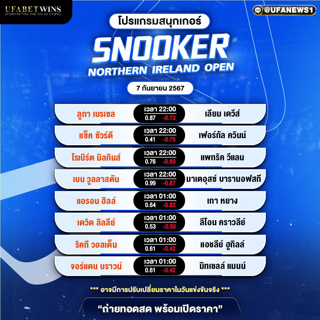 โปรแกรมสนุกเกอร์ Northern Ireland Open วันที่ 7 กันยายน พ.ศ. 2568