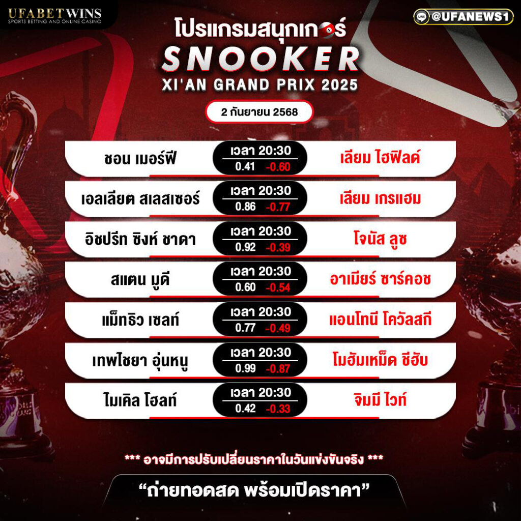 โปรแกรมสนุกเกอร์ 2 กันยายน 2568