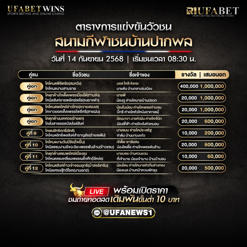 โปรแกรมวัวชน สนามกีฬาชนบ้านปากพล วันที่ 14/09/2568
