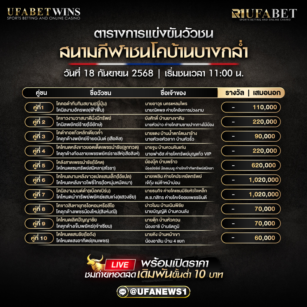 โปรแกรมวัวชน สนามกีฬาชนโคบ้านบางกล่ำ วันที่ 18/09/2568