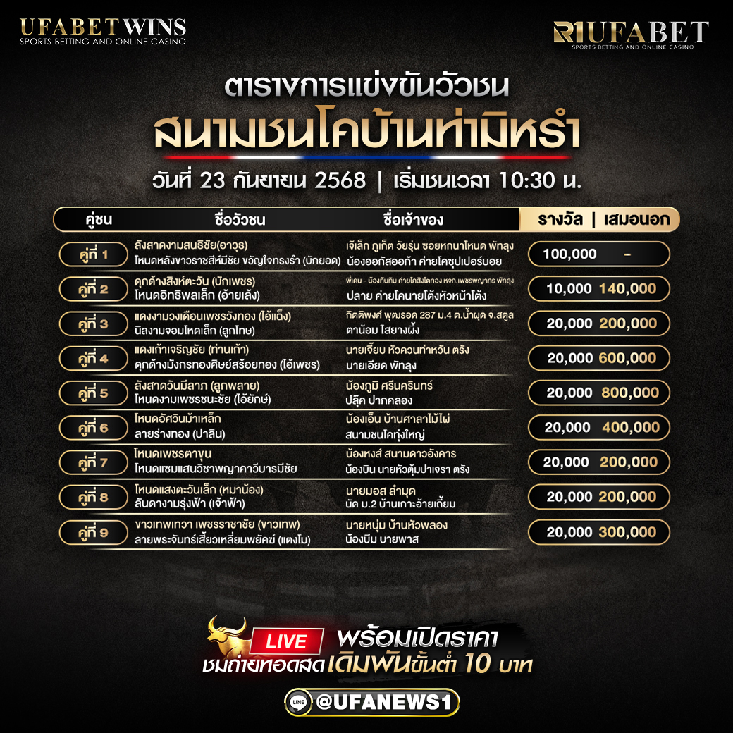 โปรแกรมวัวชน สนามชนโคบ้านท่ามิหรำ วันที่23/09/2568