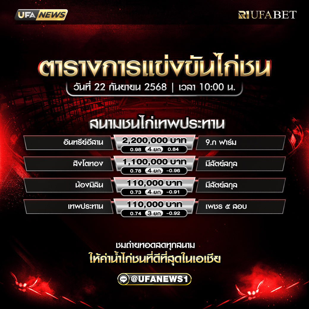 โปรแกรมการแข่งขันไก่ชน วันที่ 22 กันยายน 2568