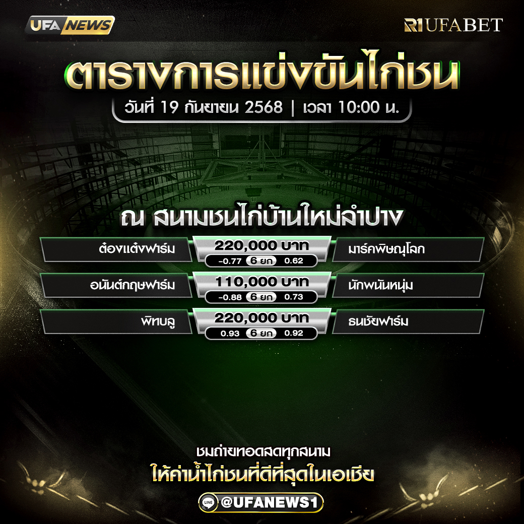 โปรแกรมการแข่งขันไก่ชน วันที่ 19 กันยายน 2568