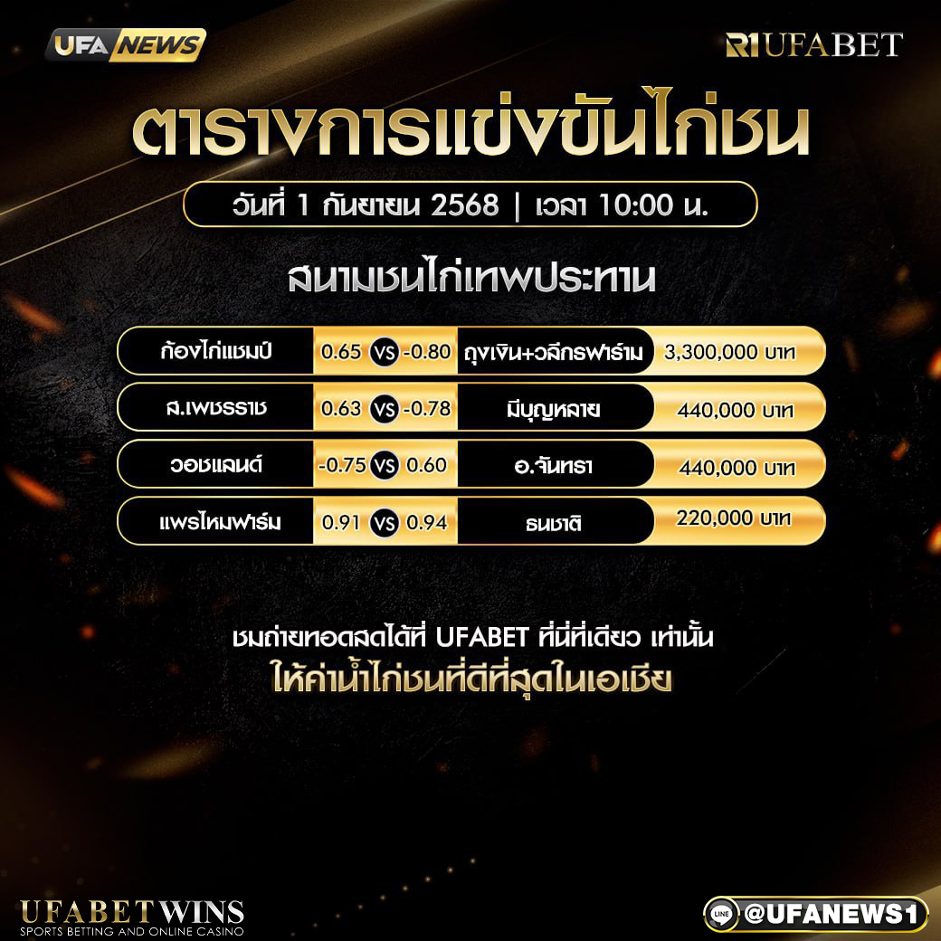 โปรแกรมการแข่งขันไก่ชน วันที่ 1 กันยายน 2568