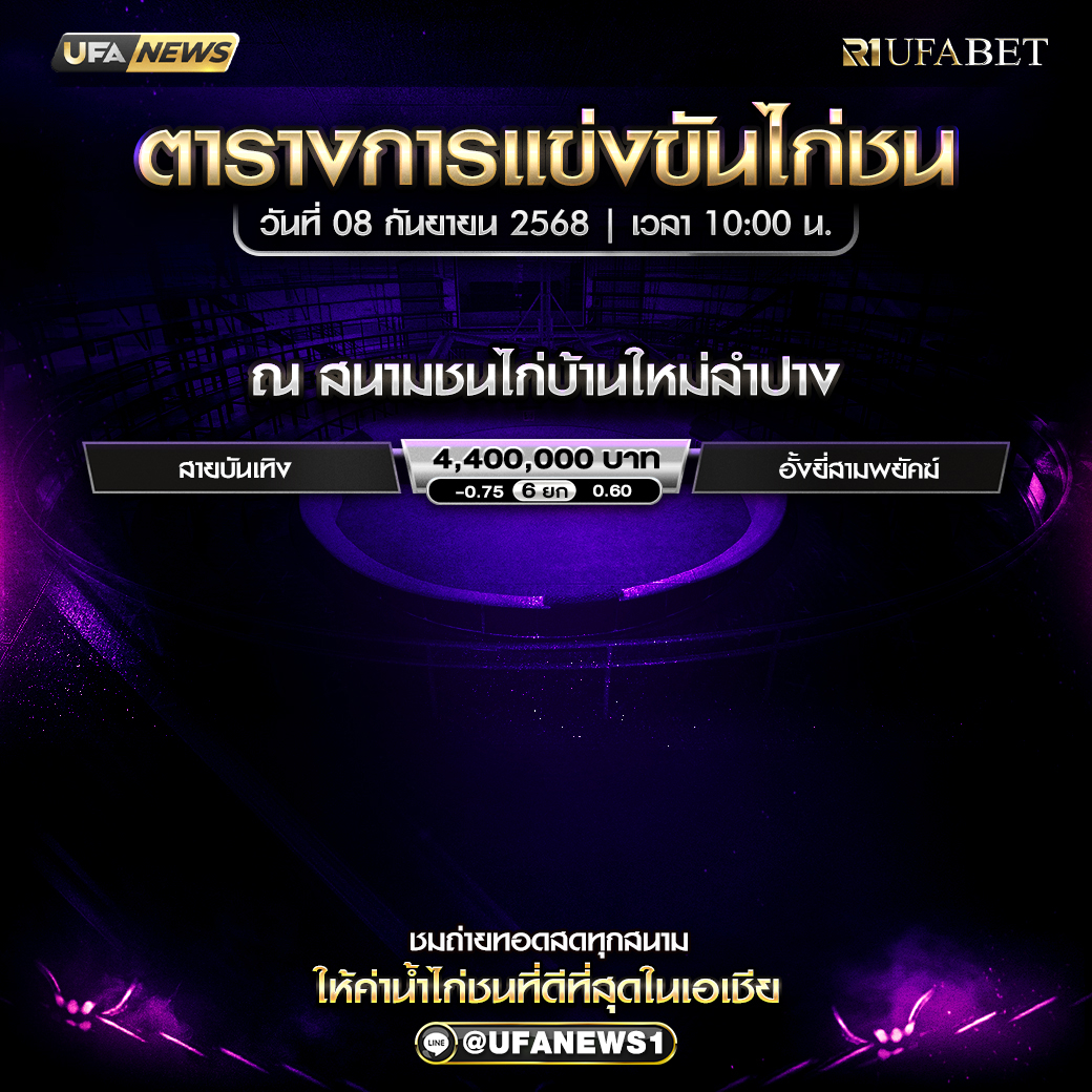 โปรแกรมการแข่งขันไก่ชน วันที่ 8 กันยายน 2568