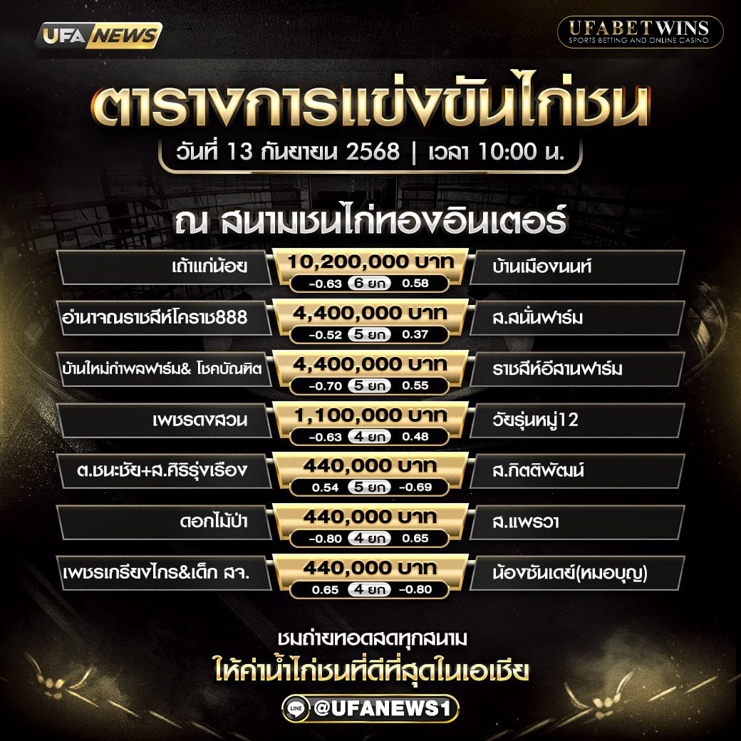 โปรแกรมการแข่งขันไก่ชน วันที่ 13 กันยายน 2568