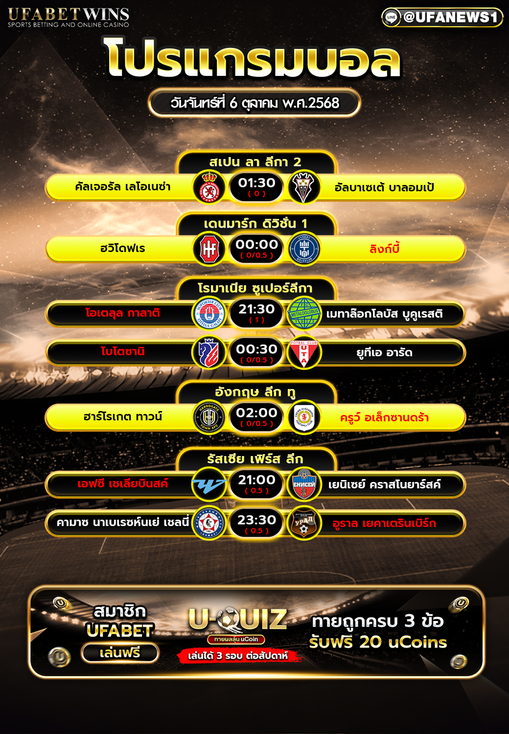 โปรแกรมฟุตบอล วันที่ 6 ตุลาคม 2568