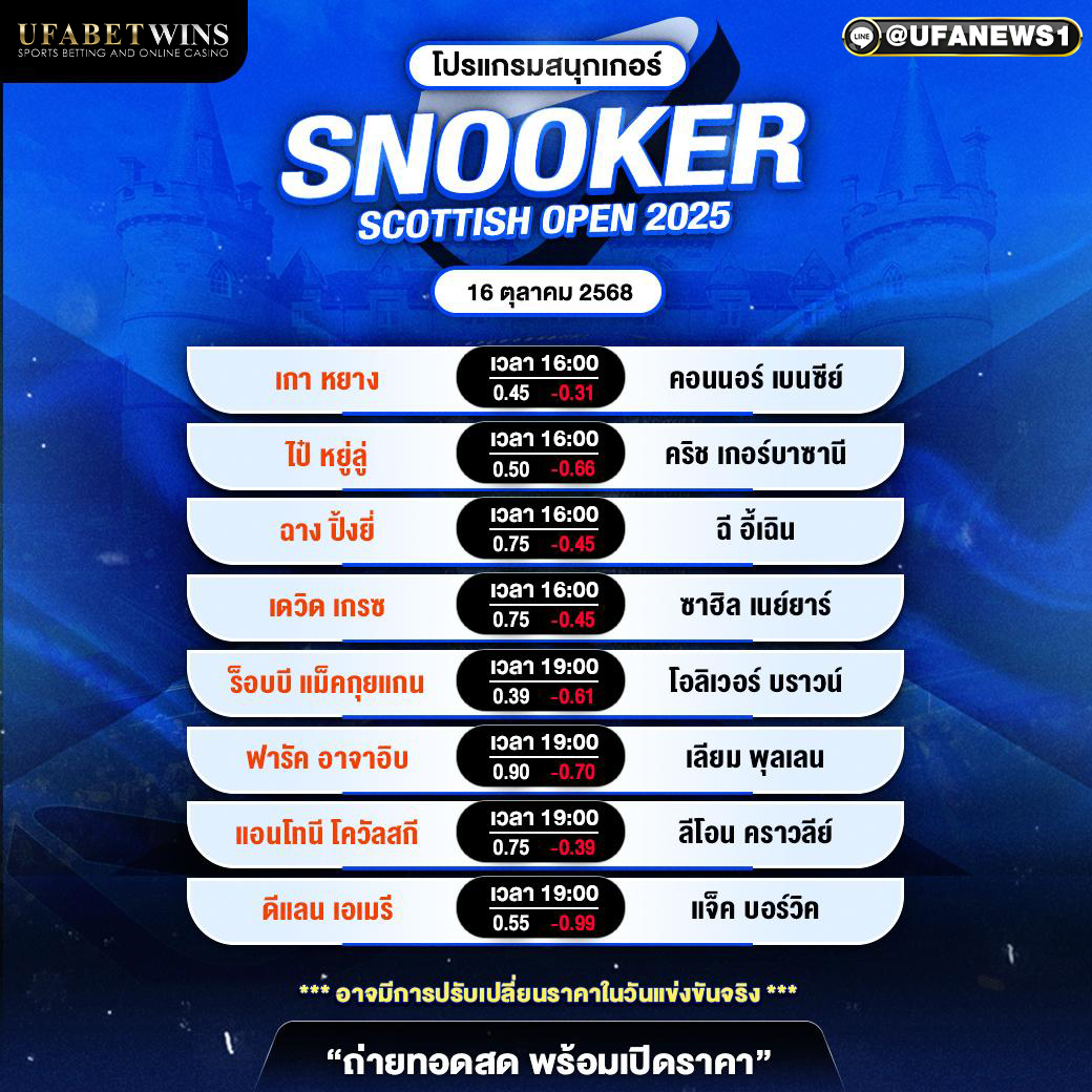 โปรแกรมสนุกเกอร์ สก็อตติช โอเพ่น 2025 วันที่ 16 ตุลาคม 2568