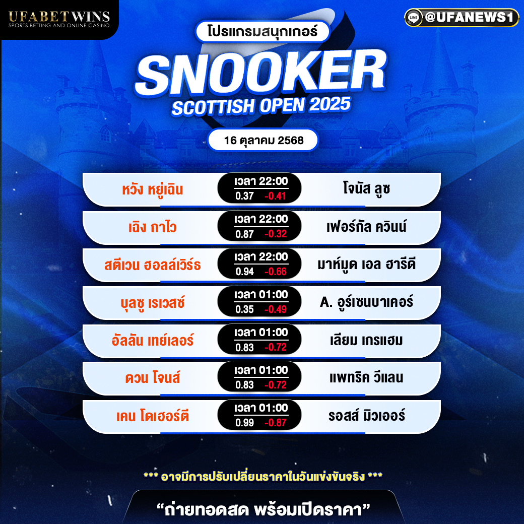 โปรแกรมสนุกเกอร์ สก็อตติช โอเพ่น 2025 วันที่ 16 ตุลาคม 2568
