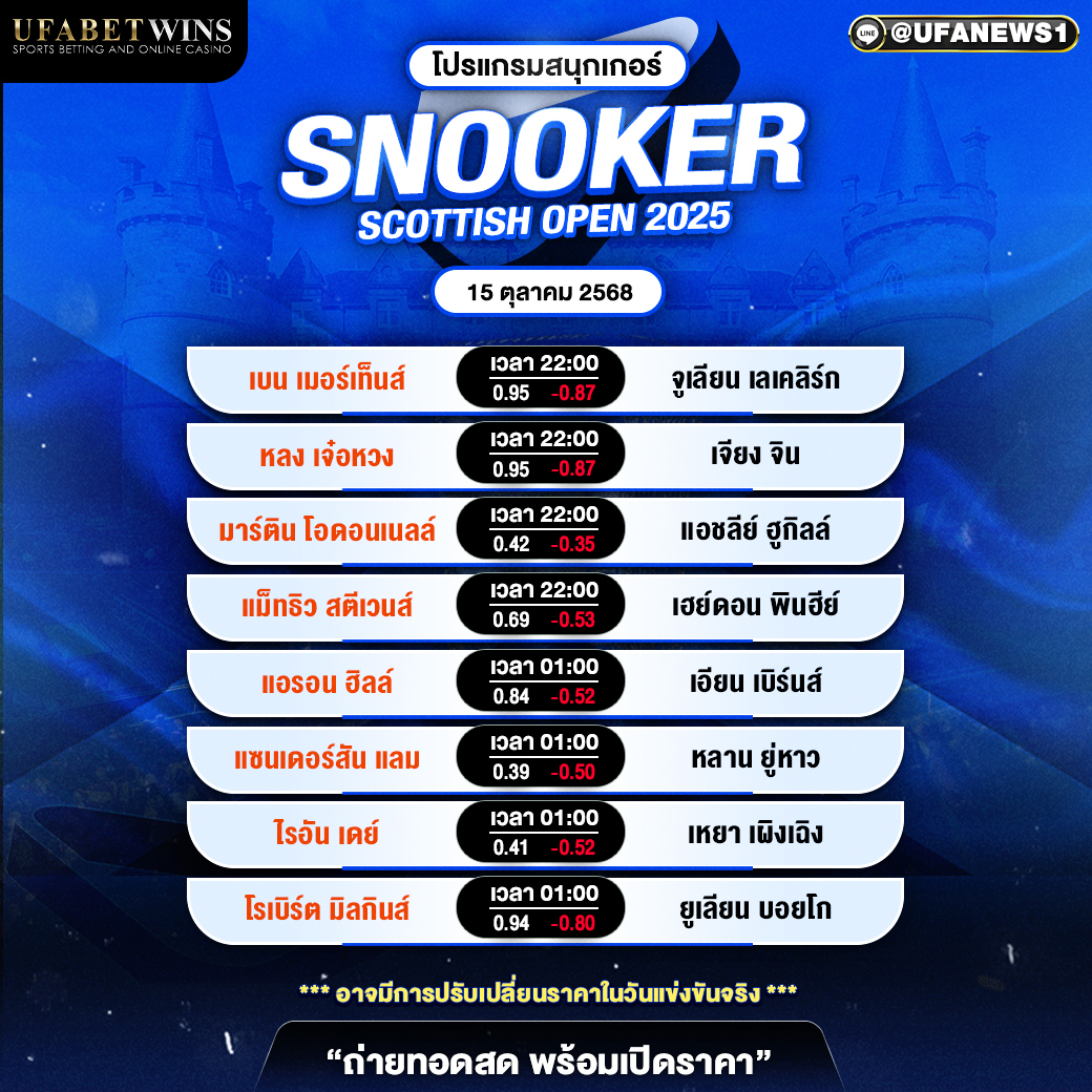 โปรแกรมสนุกเกอร์ สก็อตติช โอเพ่น 2025 วันที่ 15 ตุลาคม 2568