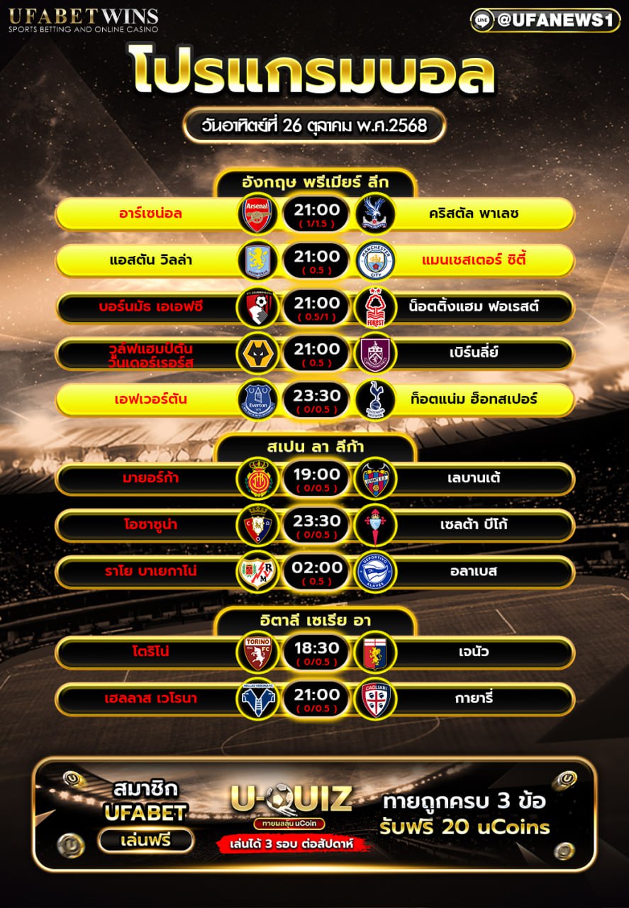 โปรแกรมฟุตบอลวันนี้ วันที่ 26 ตุลาคม 2568