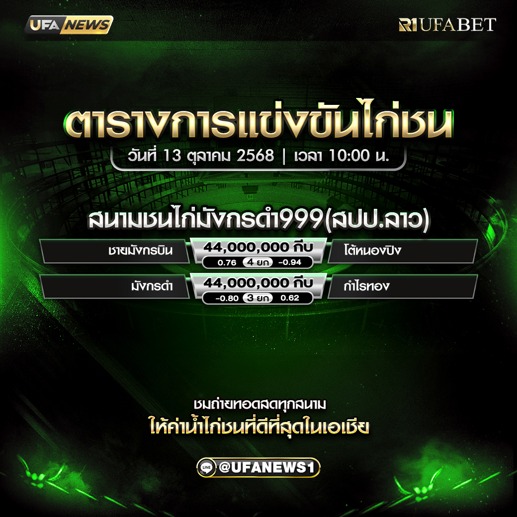 โปรแกรมไก่ชน สนามมังกรดำ 9999 (สปป.ลาว) วันที่ 13 ตุลาคม 2568