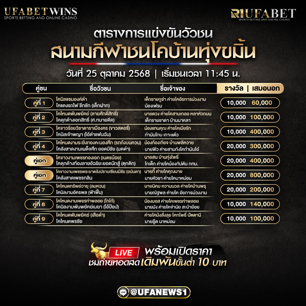 โปรแกรมวัวชนบ้านทุ่งขมิ้น อัปเดตตารางการแข่งขันล่าสุด 25 ตุลาคม 2568