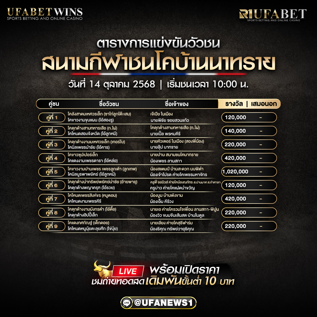โปรแกรมวัวชน สนามกีฬาชนโคบ้านนาทราย วันที่ 14 ตุลาคม 2568
