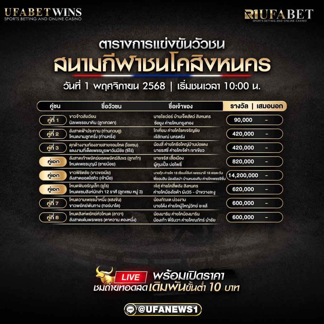 โปรแกรมวัวชนสิงหนคร อัปเดตตารางการแข่งขันล่าสุด 1 พฤศจิกายน 2568