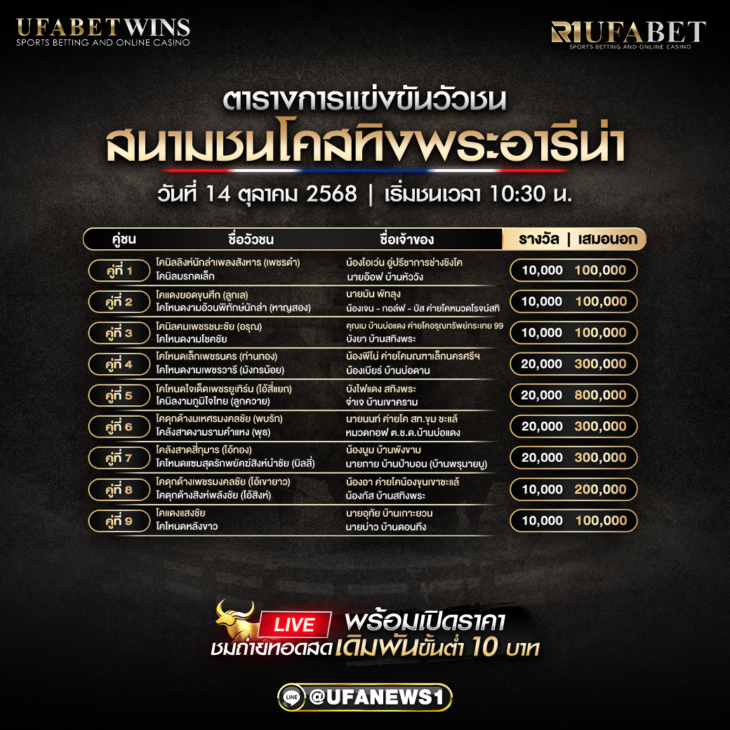 โปรแกรมวัวชน สนามชนโคสทิงพระอารีน่า วันที่ 14 ตุลาคม 2568