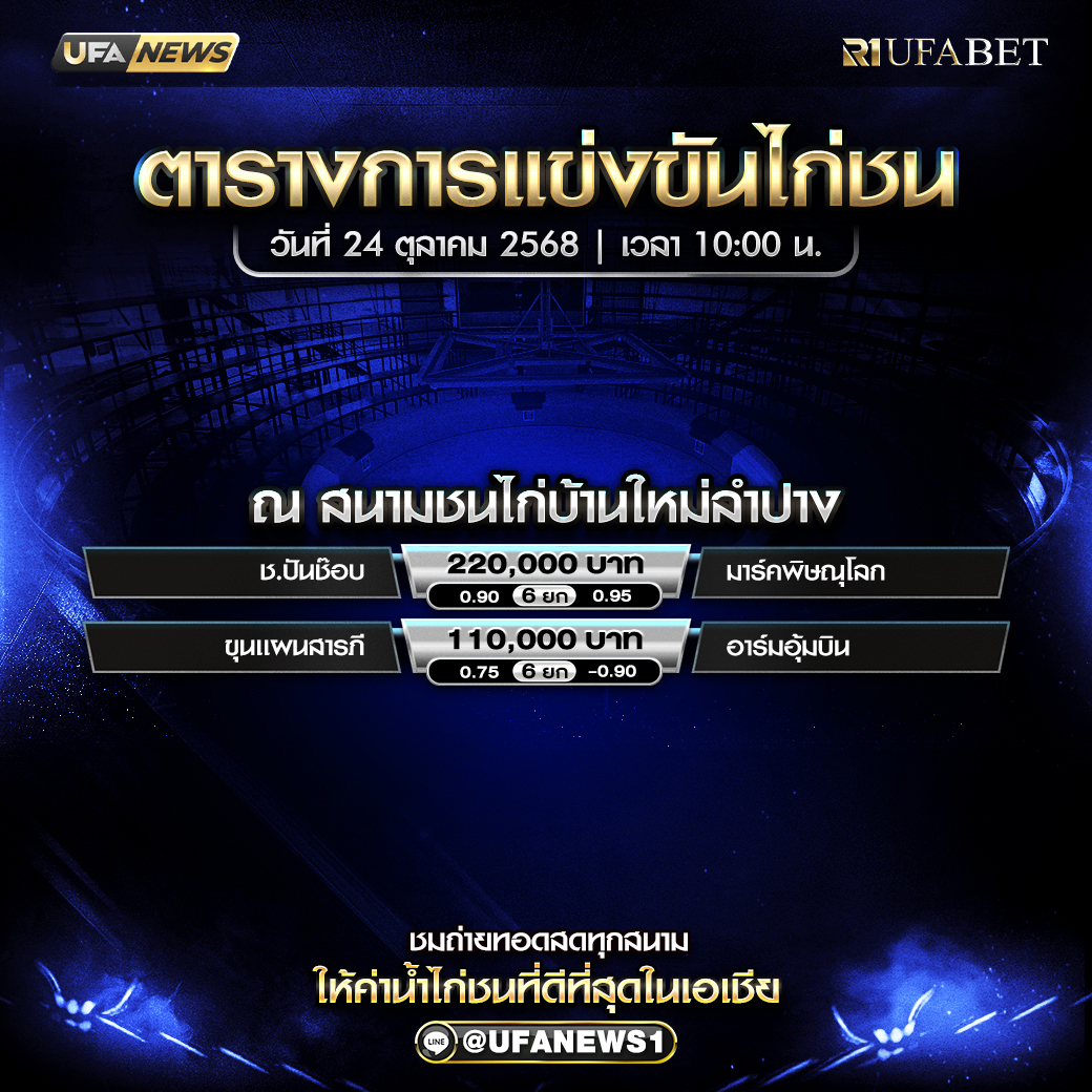 โปรแกรมไก่ชน สนามชนไก่บ้านใหม่ลำปาง วันที่ 24 ตุลาคม 2568