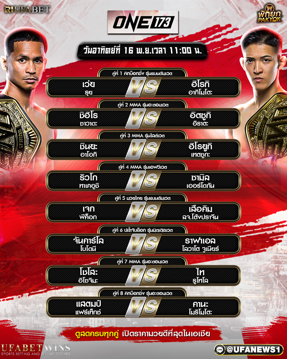 โปรแกรมมวยศึกวันแชมเปียนชิพ ONE 173 – วิเคราะห์มวยครบ 16 คู่ จากอาริอาเกะ อารีนา กรุงโตเกียว ประเทศญี่ปุ่น