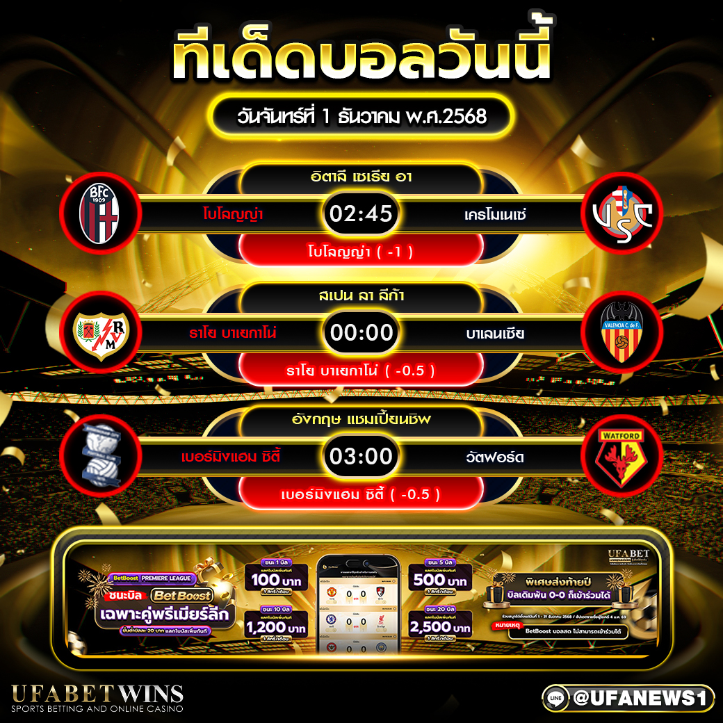 ทีเด็ดบอลวันนี้ วันจันทร์ที่ 1 ธันวาคม 2568 สามคู่เน้นจาก เซเรีย อา, ลา ลีก้า และแชมเปี้ยนชิพ