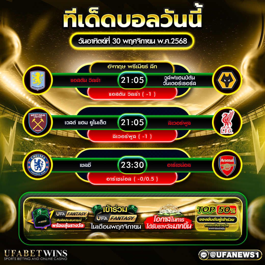 ทีเด็ดบอลวันนี้ วันอาทิตย์ที่ 30 พฤศจิกายน 2568 พรีเมียร์ลีกอังกฤษ 3 คู่เน้น