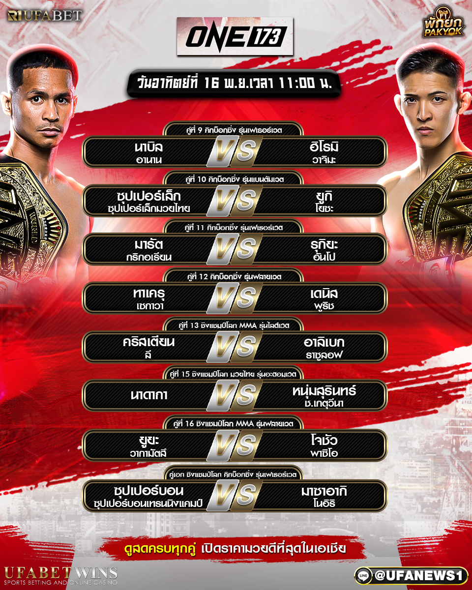 โปรแกรมมวยศึกวันแชมเปียนชิพ ONE 173 – วิเคราะห์มวยครบ 16 คู่ จากอาริอาเกะ อารีนา กรุงโตเกียว ประเทศญี่ปุ่น