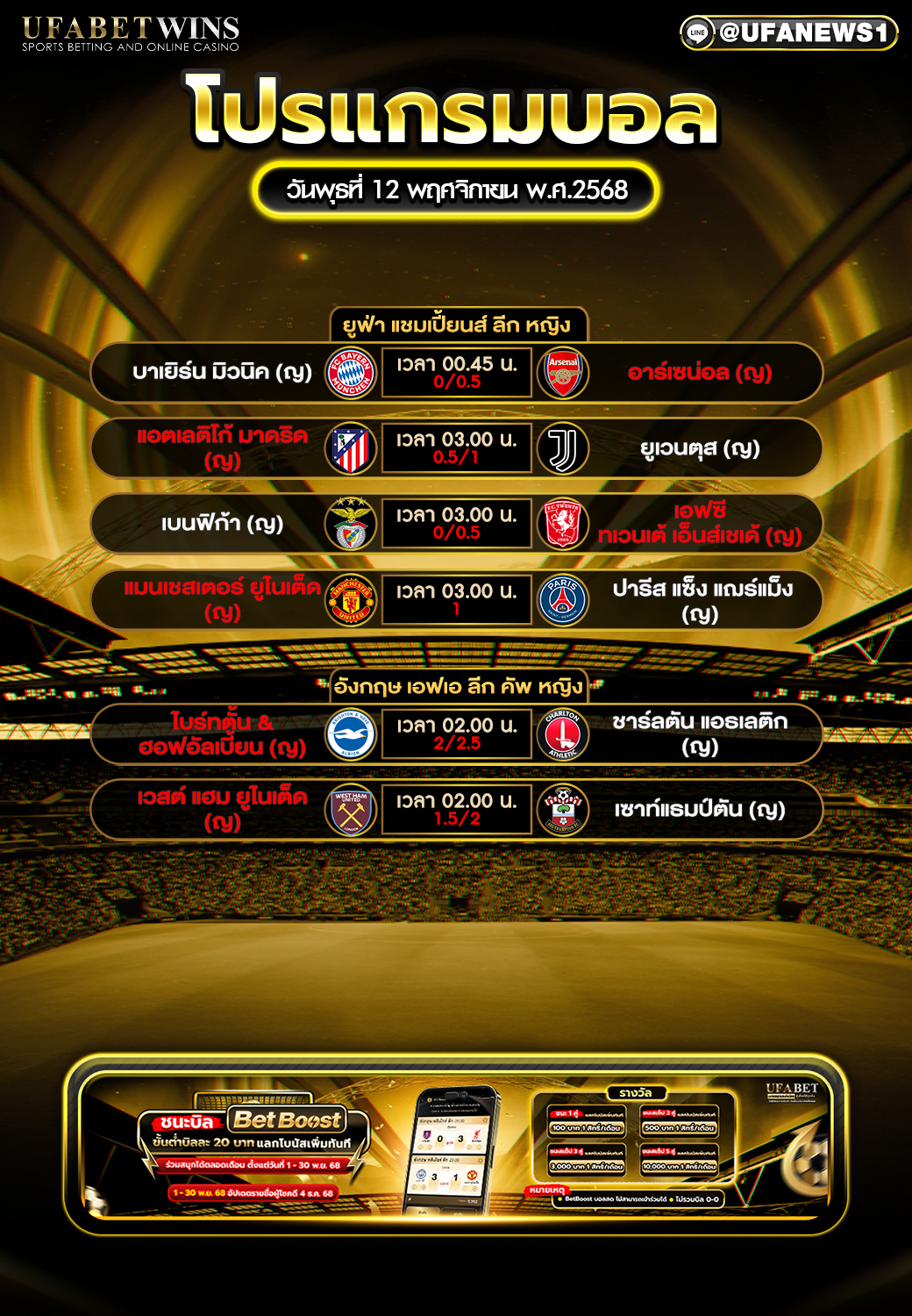 โปรแกรมบอลหญิง วันพุธที่ 12 พฤศจิกายน พ.ศ. 2568 ยูฟ่า แชมเปี้ยนส์ ลีก หญิง & อังกฤษ เอฟเอ ลีก คัพ หญิง