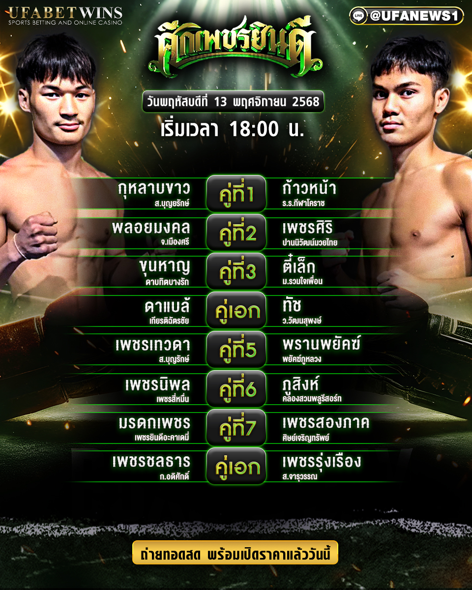 โปรแกรมมวย ศึกเพชรยินดี ราชดำเนิน 13 พ.ย. 2568 | 18:00 น.