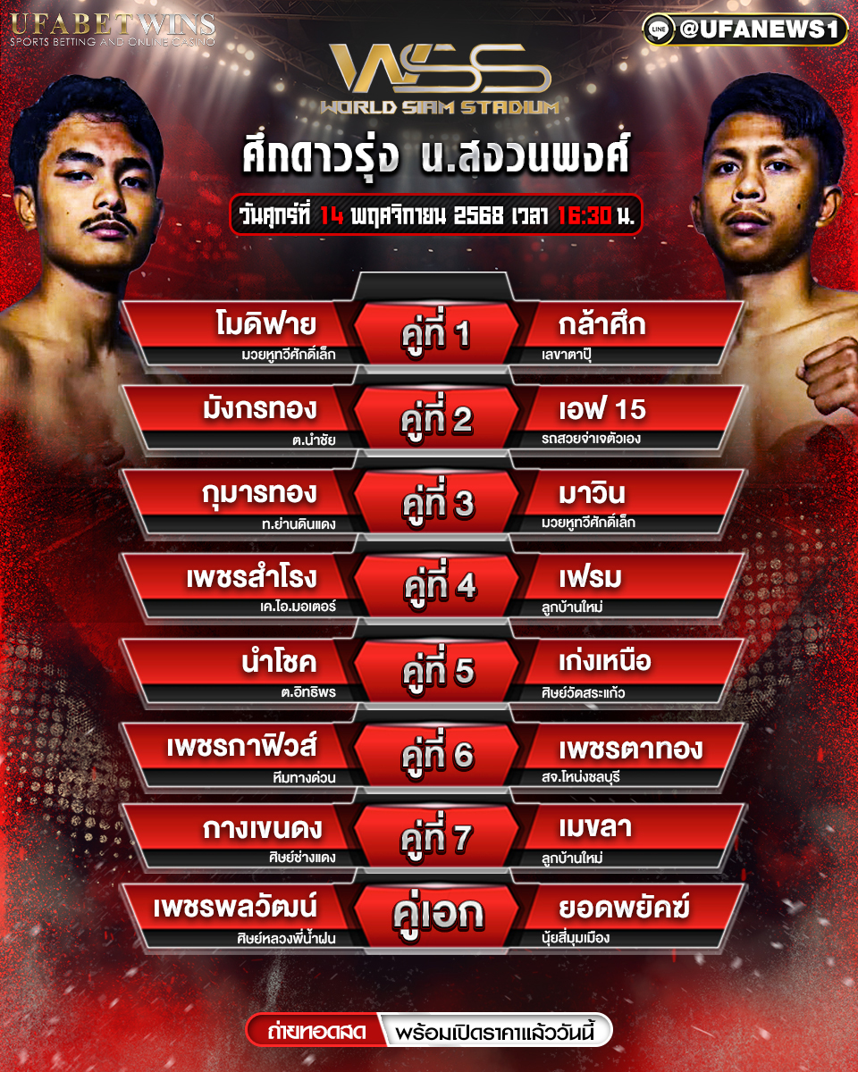 โปรแกรมมวยศึกดาวรุ่ง น.สงวนพงศ์ 14 พ.ย. 2568 | เวิร์ลสยามสเตเดี้ยม ตะวันนา เริ่ม 16:00 น.