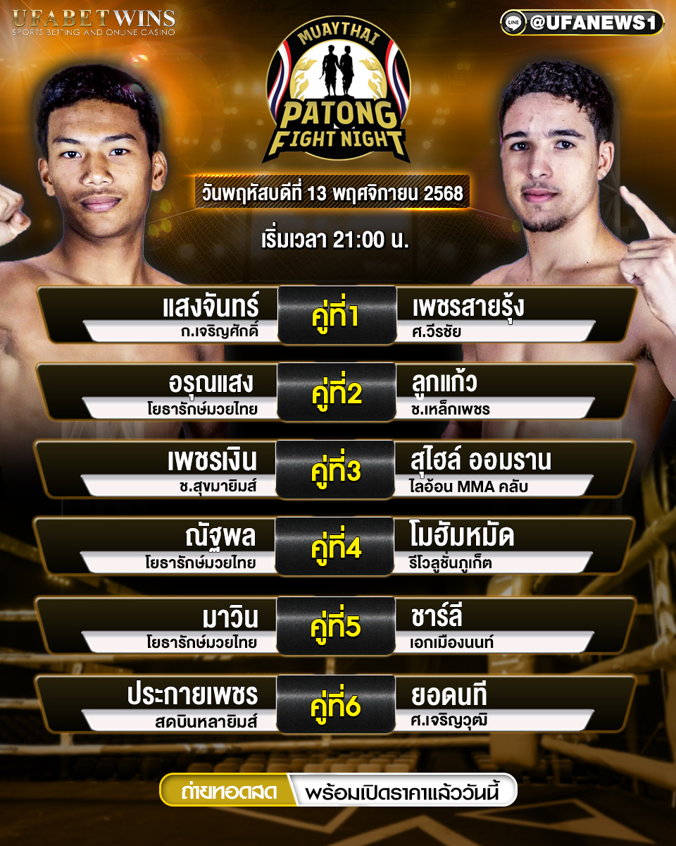 โปรแกรมศึกป่าตองไฟท์ไนท์ 13 พฤศจิกายน 2568 – ผลชั่งน้ำหนักและวิเคราะห์คู่มวย