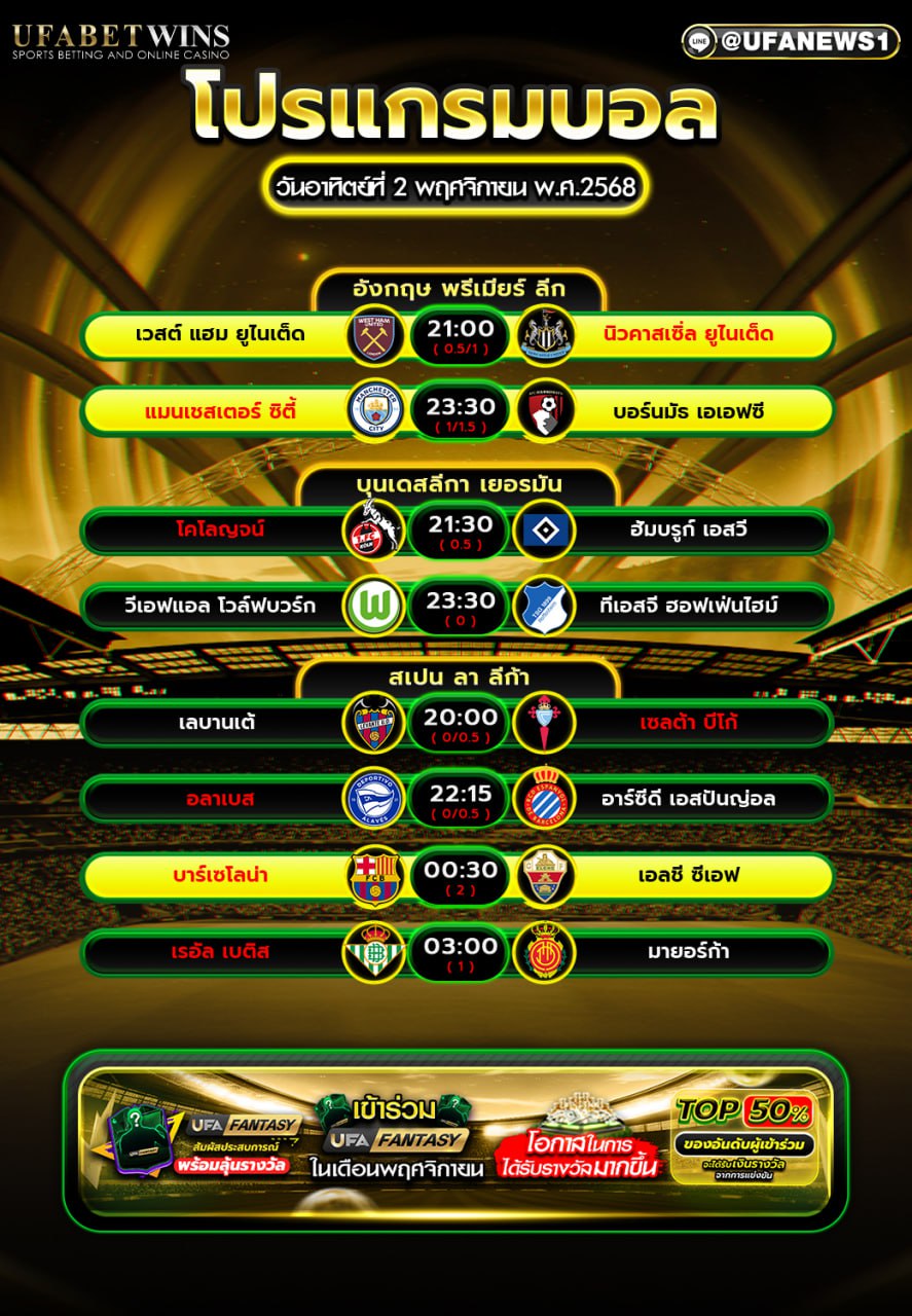 โปรแกรมฟุตบอล 2 พฤศจิกายน 2568 — โปรแกรม & ทีเด็ดเด่น