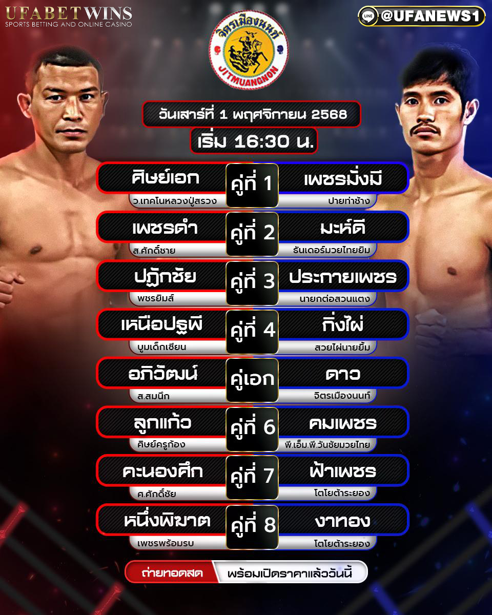 โปรแกรมมวย 1 พฤศจิกายน 2568 ศึกจิตรเมืองนนท์ เวลา 16:30 น.