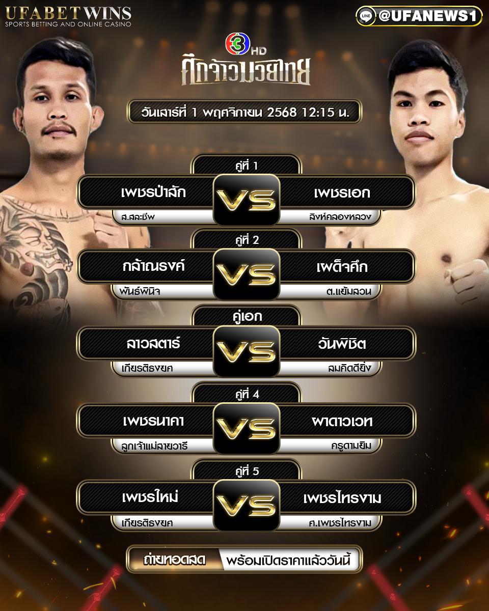 โปรแกรมมวย 1/11/2568 ศึกจ้าวมวยไทย | เวทีสยามอ้อมน้อย 12:15