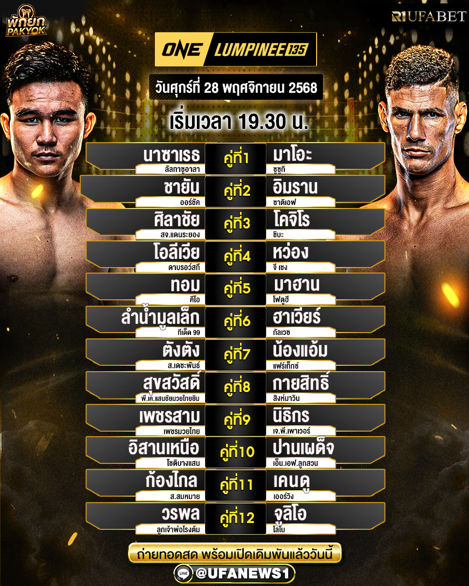 โปรแกรมมวย ศึกวันแชมเปียนชิพลุมพินี 135 วันที่ 28 พฤศจิกายน 2568 เวทีลุมพินี