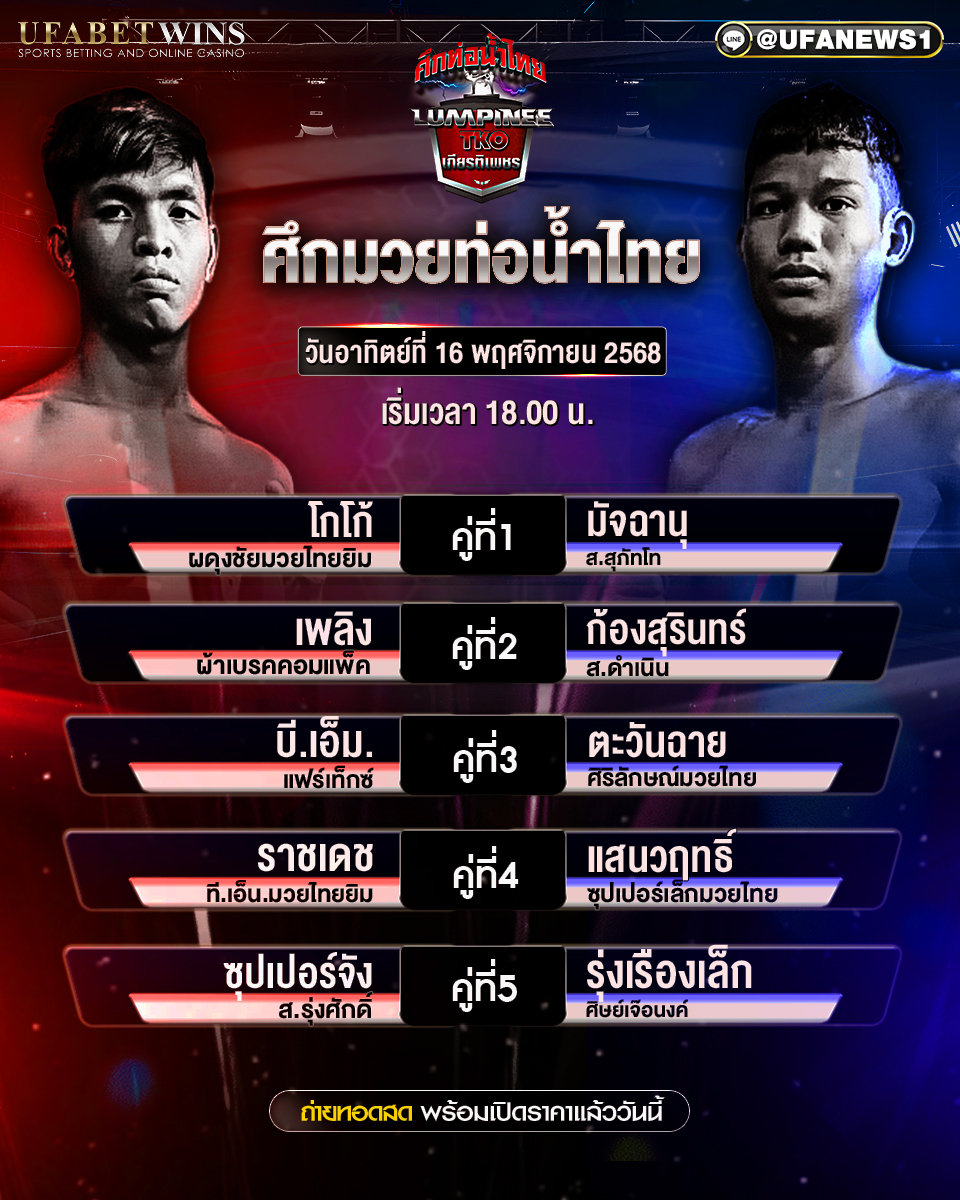 โปรแกรมมวยศึกท่อน้ำไทย TKO เกียรติเพชร 16 พฤศจิกายน 2568 – วิเคราะห์มวยครบ 9 คู่จากเวทีมวยราชดำเนิน