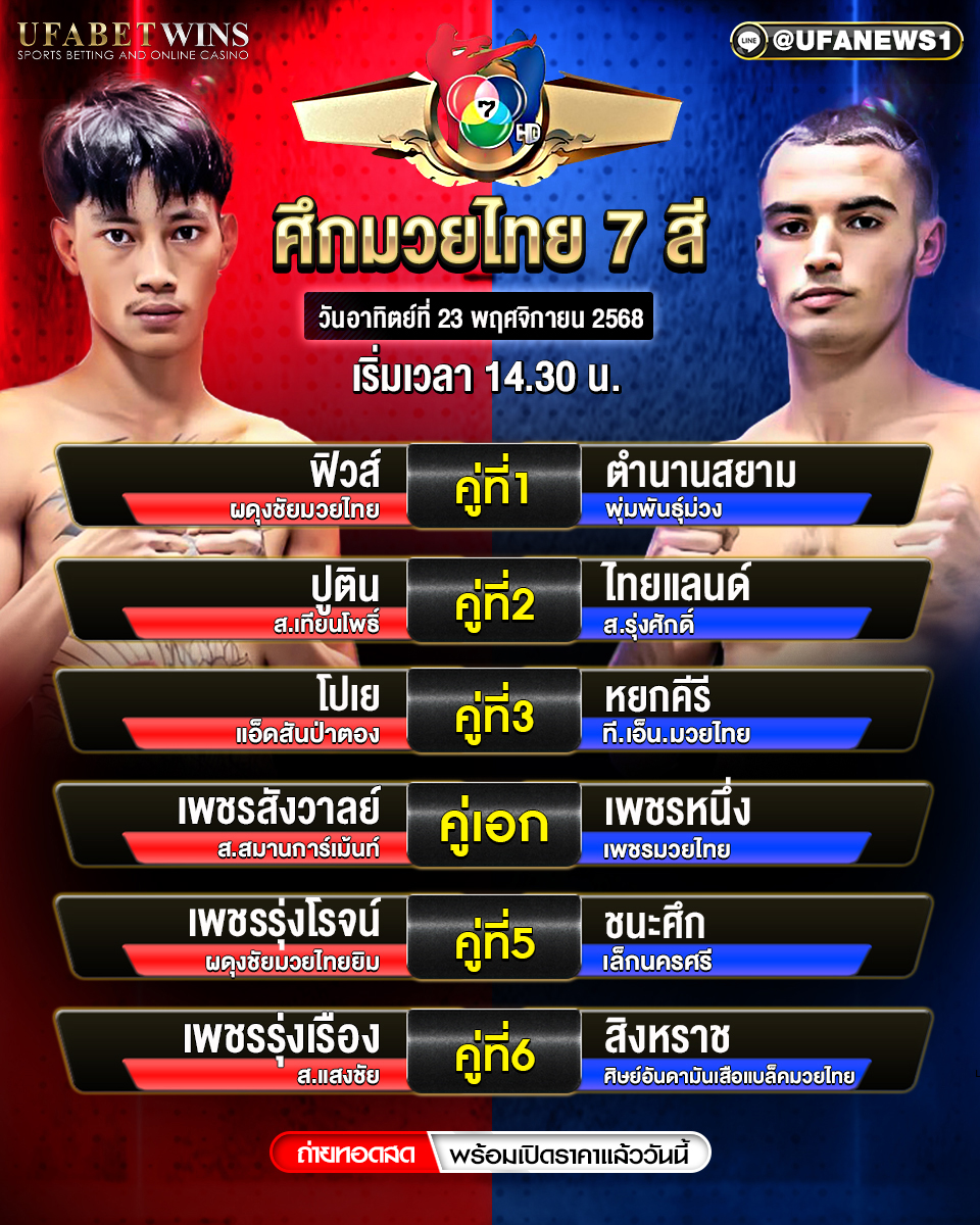 โปรแกรมมวย ศึกมวยไทย 7 สี 23 พฤศจิกายน 2568 : เวทีมวยช่อง 7 สี พร้อมวิเคราะห์เชิงลึก