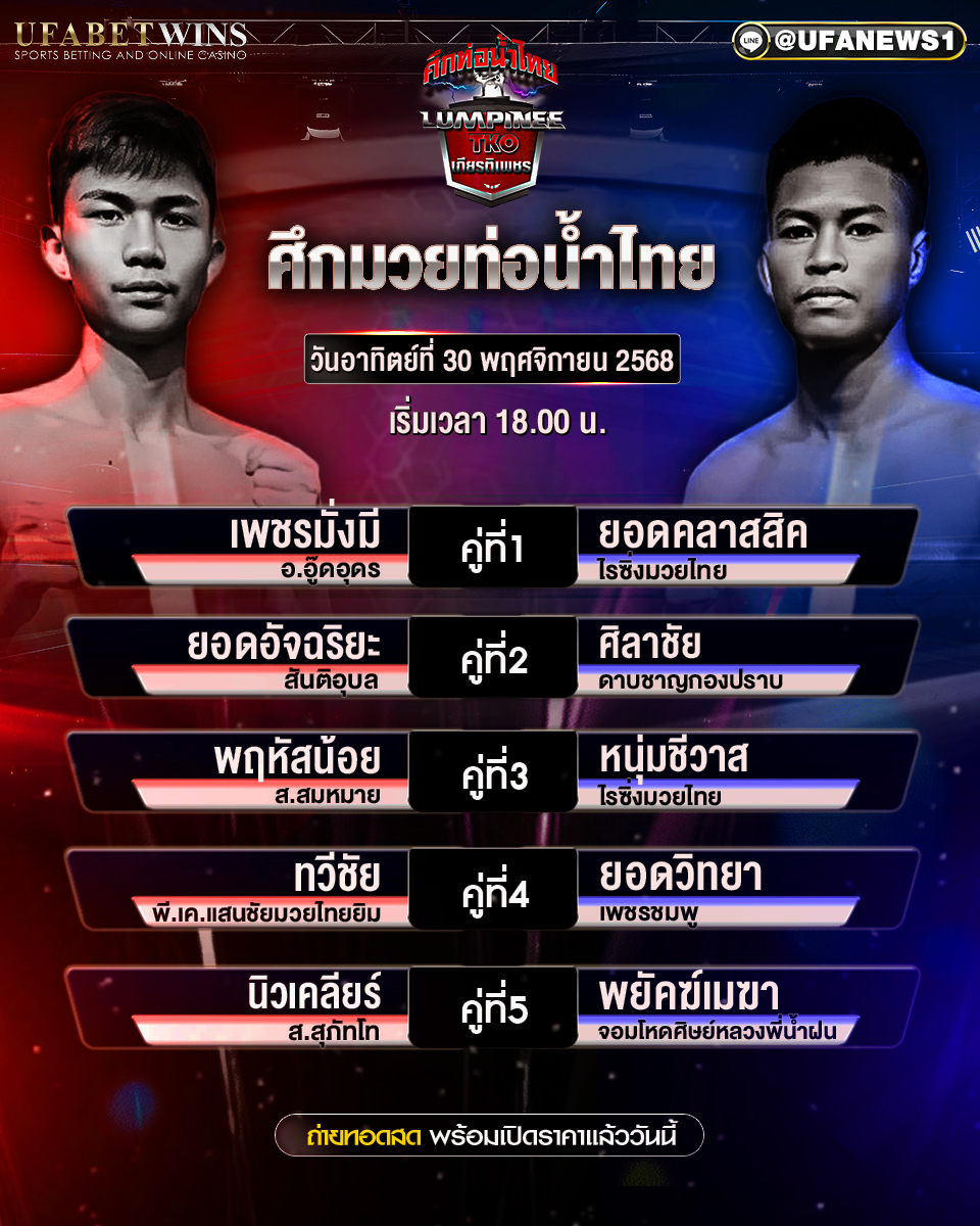 โปรแกรมมวยศึกท่อน้ำไทย TKO เกียรติเพชร 30 พฤศจิกายน 2568 เวทีมวยราชดำเนิน