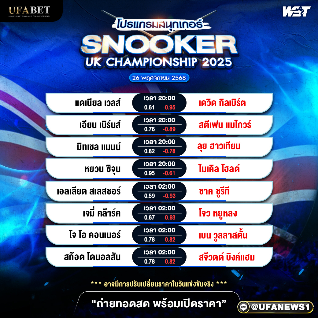 โปรแกรมสนุกเกอร์ วันที่ 26 พฤศจิกายน 2568 : SNOOKER UK CHAMPIONSHIP 2025 