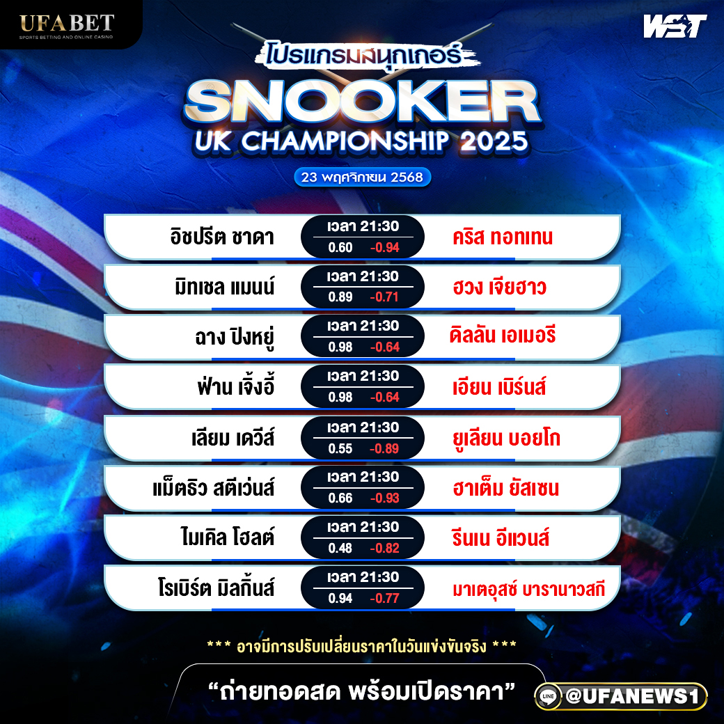 โปรแกรมสนุกเกอร์ SNOOKER UK CHAMPIONSHIP 2025 วันที่ 23 พฤศจิกายน 2568