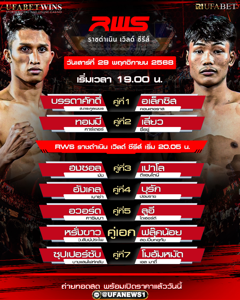 โปรแกรมมวยศึกราชดำเนินเวิลด์ซีรีส์ 29 พฤศจิกายน 2568 : RWS : Rajadamnern World Series