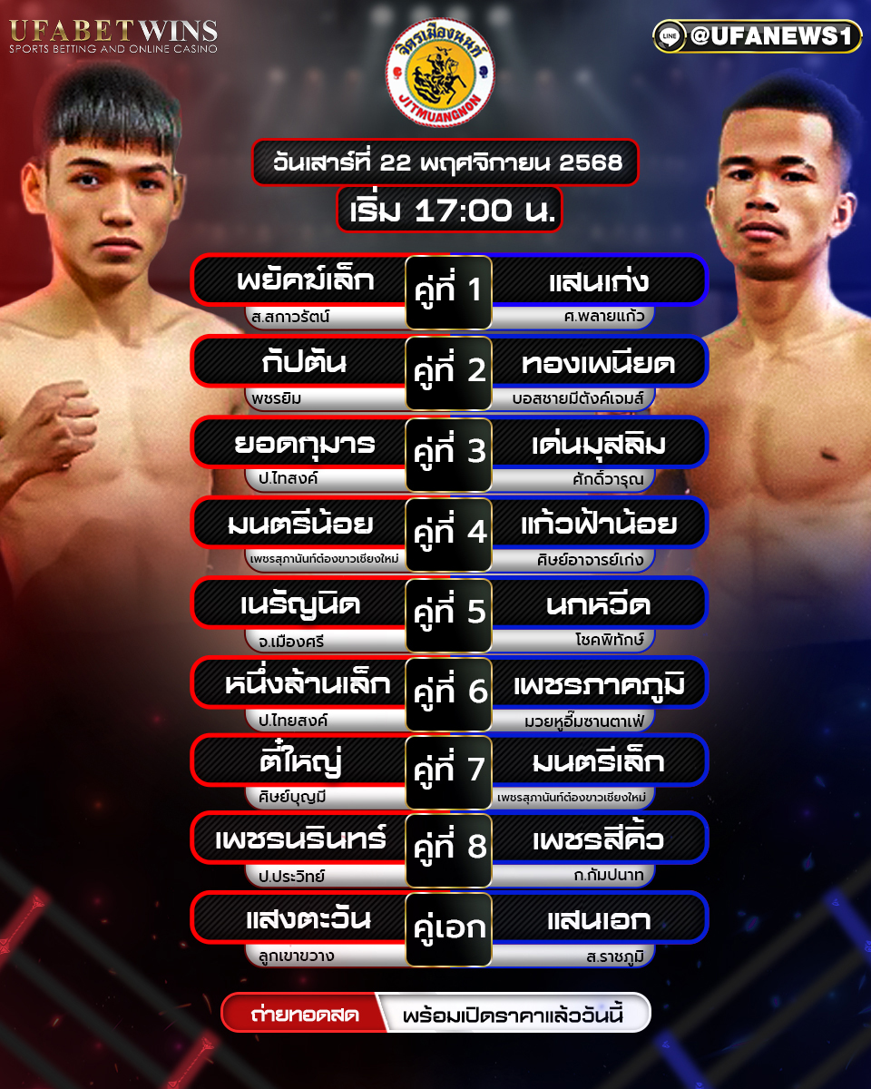 โปรแกรมมวย ศึกจิตรเมืองนนท์ 22 พฤศจิกายน 2568 เวทีมวยจิตรเมืองนนท์ อตก.3 นนทบุรี