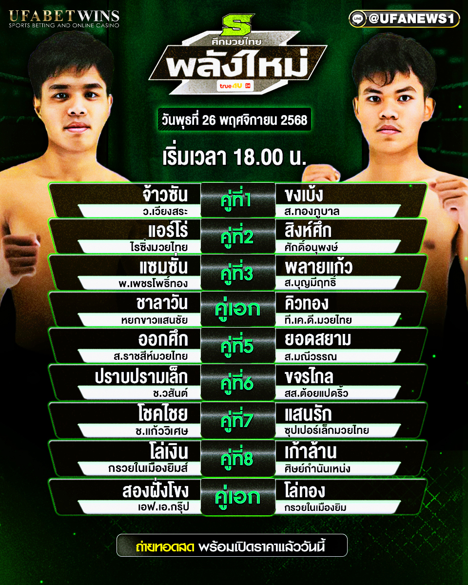 โปรแกรมมวย ศึกมวยไทยพลังใหม่ 26 พฤศจิกายน 2568 : เวทีมวยราชดำเนินครบ 9 คู่