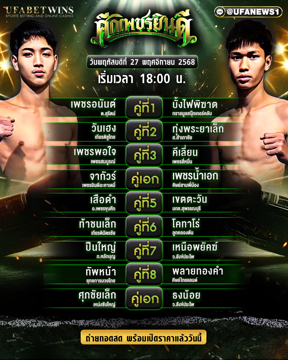 โปรแกรมมวย ศึกเพชรยินดี 27 พฤศจิกายน 2568 : ดาวรุ่งหลายค่ายชนกัน เวทีมวยราชดำเนิน