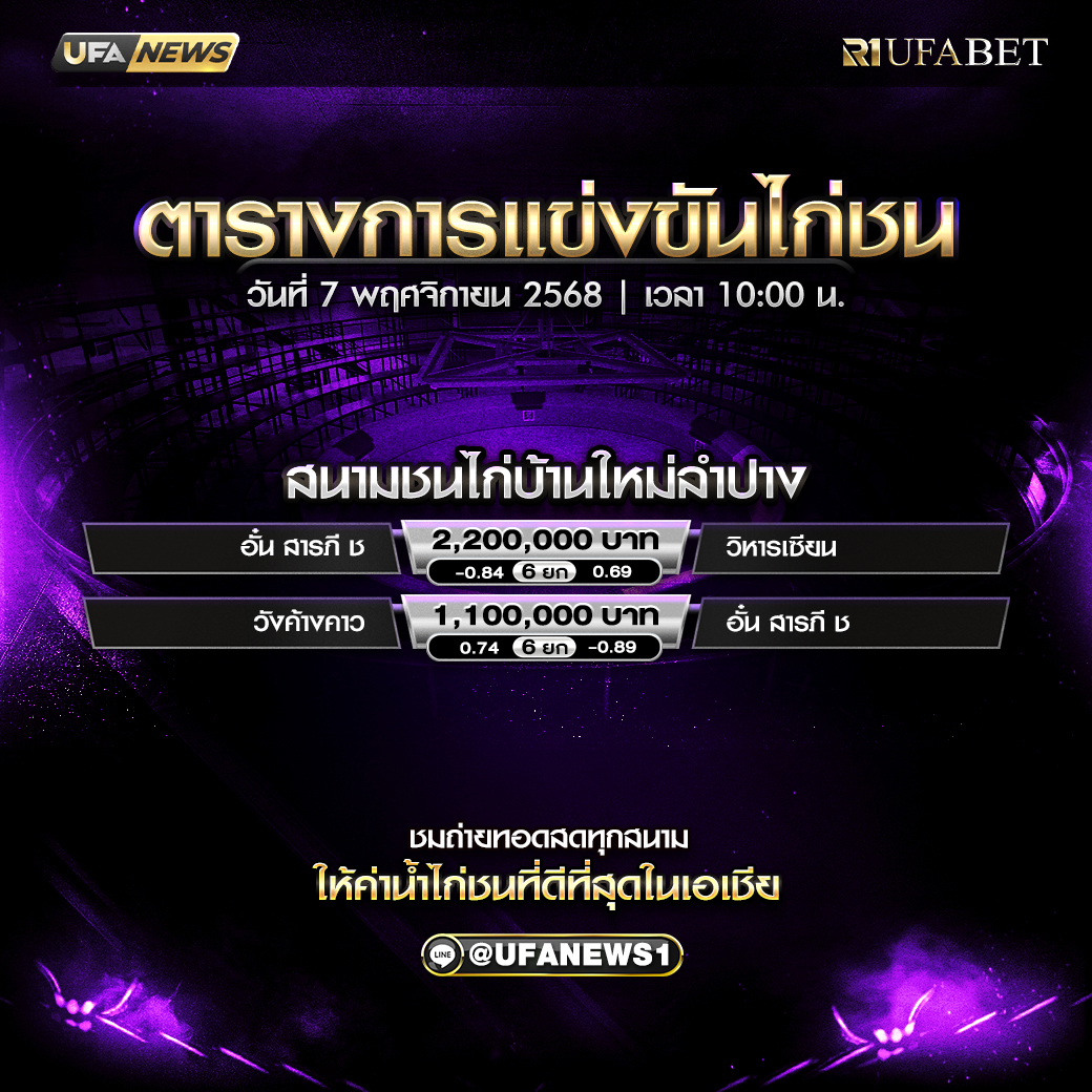 โปรแกรมไก่ชน สนามชนไก่บ้านใหม่ลำปาง วันพฤหัสบดีที่ 7 พฤศจิกายน พ.ศ. 2568