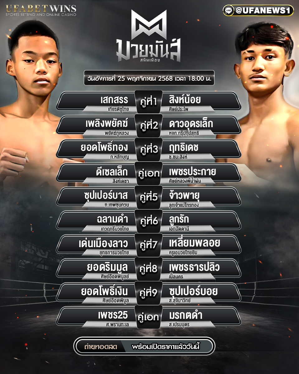 โปรแกรมมวย ศึกมวยมันส์สนั่นเมือง+ภ.หลักบุญ 25 พฤศจิกายน 2568 เวทีมวยนานาชาติรังสิต