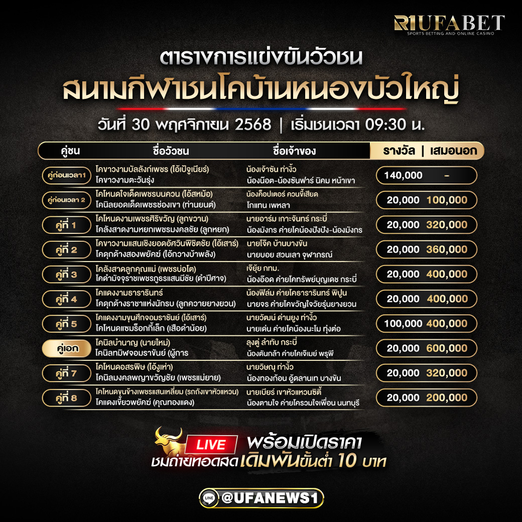 โปรแกรมวัวชน สนามกีฬาชนโคบ้านหนองบัวใหญ่ วันที่ 30 พฤศจิกายน 2568