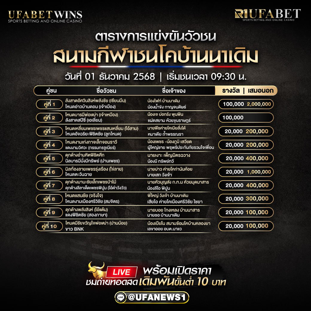 โปรแกรมวัวชน สนามกีฬาชนโคบ้านนาเดิม 1 ธันวาคม 2568 รวม 10 คู่เดือด เริ่มชน 09:30 น.