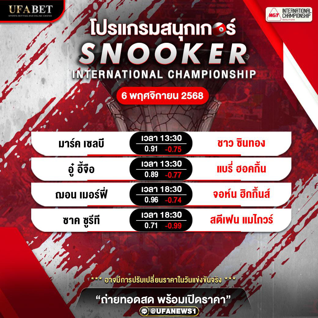 โปรแกรมสนุกเกอร์ อินเตอร์เนชันแนล แชมเปียนชิพ 6 พ.ย. 2568